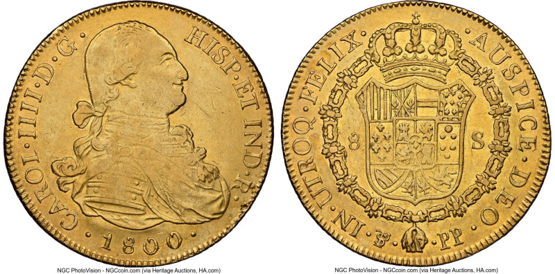 Charles IV gold 8 Escudos 1800 PTS-PP AU Details (Obverse Scratched) NGC, Potosi...