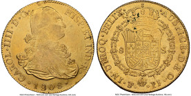 Charles IV gold 8 Escudos 1808 PTS-PJ AU53 NGC, Potosi mint, KM81, Cal-1714, Onza-1108. A scarcer date and the final year of Charles IV's reign, and d...