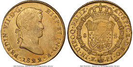 Ferdinand VII gold 8 Escudos 1822 PTS-PJ AU55 NGC, Potosi mint, KM91, Cal-1826, Onza-1306 (Rare). A more difficult colonial Bolivian issue that produc...