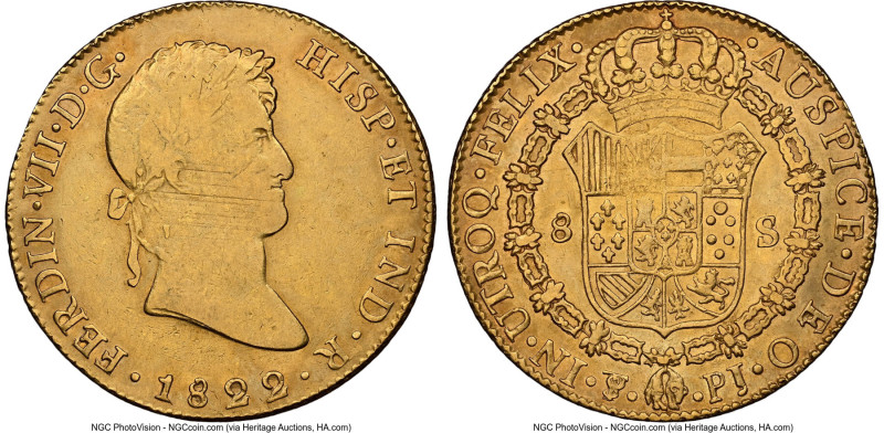 Ferdinand VII gold 8 Escudos 1822 PTS-PJ AU50 NGC, Potosi mint, KM91, Cal-1826, ...