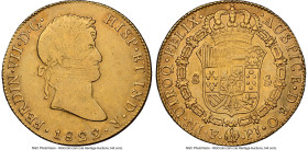 Ferdinand VII gold 8 Escudos 1822 PTS-PJ AU50 NGC, Potosi mint, KM91, Cal-1826, Onza-1306 (Rare). Minimally circulated, revealing gentle cabinet frict...