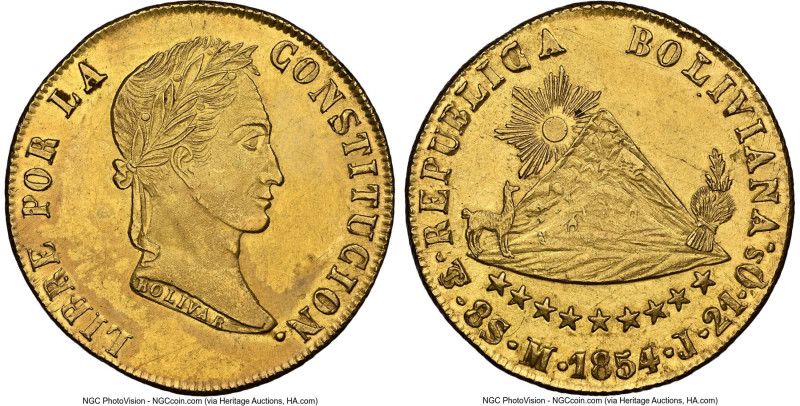 Republic gold 8 Scudos 1854 PTS-MJ MS61 NGC, Potosi mint, KM116, Fr-34, Onza-160...