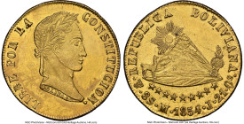 Republic gold 8 Scudos 1854 PTS-MJ MS61 NGC, Potosi mint, KM116, Fr-34, Onza-1602. A scarcer date offering we've handled infrequently at best, and nev...