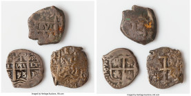 3-Piece Lot of Uncertified Reals, 1) Philip IV Real 1653 P-E, Potosi mint, KM13, Cal-752. 2.60gm. 2) Philip V Real 1745 P-q, Potosi mint, KM28a, Cal-6...