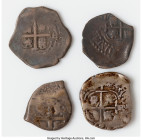 4-Piece Lot of Uncertified Reals, 1) Philip IV Real 1655 P-E, Potosi mint, KM13, Cal-757. 2.43gm. 2) Philip IV Real 1661 P-E, Potosi mint, KM13, Cal-7...