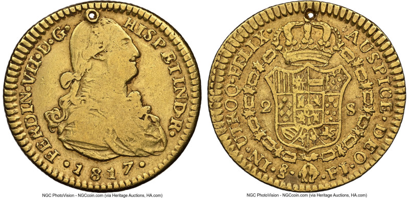 Ferdinand VII gold 2 Escudos 1817 So-FJ VF Details (Holed) NGC, Santiago mint, K...