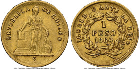 Republic gold Peso 1864-So AU58 NGC, Santiago mint, KM133, Fr-48. An attractive and diminutive Peso that we've handled exclusively in lesser states of...