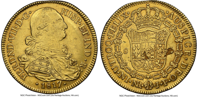 Ferdinand VII gold 8 Escudos 1817 NR-JF AU55 NGC, Nuevo Reino mint, KM66.1, Cal-...