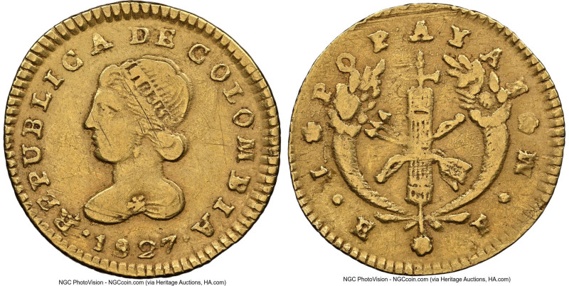 Republic gold Escudo 1827 POPAYAN-FM VF30 NGC, Popayan mint, KM81.2, Restrepo-16...