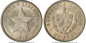 Republic "High Relief" Star Peso 1915 MS62 NGC, KM15.1. HID09801242017 © 2024 Heritage Auctions | All Rights Reserved www.HA.com/TexasAuctioneerLicens...
