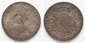 George III Contemporary Counterfeit Counterstamped Bank Dollar ND AU, cf. S-3766. 27.11gm. Host: Peru Charles IV 8 Reales 1800 LM-IJ. A handsome examp...