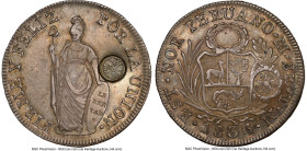 Central American Republic Counterstamped 8 Reales ND (1840) AU55 NGC, KM120.3. Host: North Peru. Republic 8 Reales 1836 LM-TM; Counterstamp: Type III ...