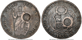 Central American Republic Counterstamped 8 Reales ND (1840) XF40 NGC, KM120.3. Host: Peru Republic 8 Reales 1836 CUZCO-BoAr; Counterstamp: Type III su...