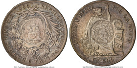 Republic Counterstamped Peso 1894 AU Details (Cleaned) NGC, KM224. Host: Peru Republic Sol 1885 LIMA-TD/TB; Counterstamp: 1/2 Real (AU Standard). HID0...