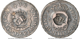 British Colony Counterstamped 5 Pence ND (1758) XF45 NGC, KM1.3, Prid-8. Host: Ferdinand VI 1/2 Real 1758 LM-JM (KM51); Counterstamp: GR in oval (AU S...