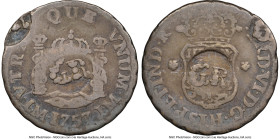 British Colony Counterstamped 5 Pence ND (1758) VF20 NGC, KM1.3, Prid-8. Host: Ferdinand VI 1/2 Real 1757 LM-JM (KM51); Counterstamp: GR in oval (XF S...