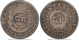 British Colony Counterstamped 1 Shilling 8 Pence ND (1758) F15 NGC, KM4.5, Prid-6. Host: Peru Ferdinand VI 2 Reales 1758 LM-JM (KM53); Counterstamp: G...