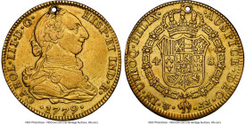 Charles III gold 4 Escudos 1779 Mo-FF XF Details (Holed) NGC, Mexico City mint, KM142.2, Cal-1817. A date that is quite infrequently encountered and o...
