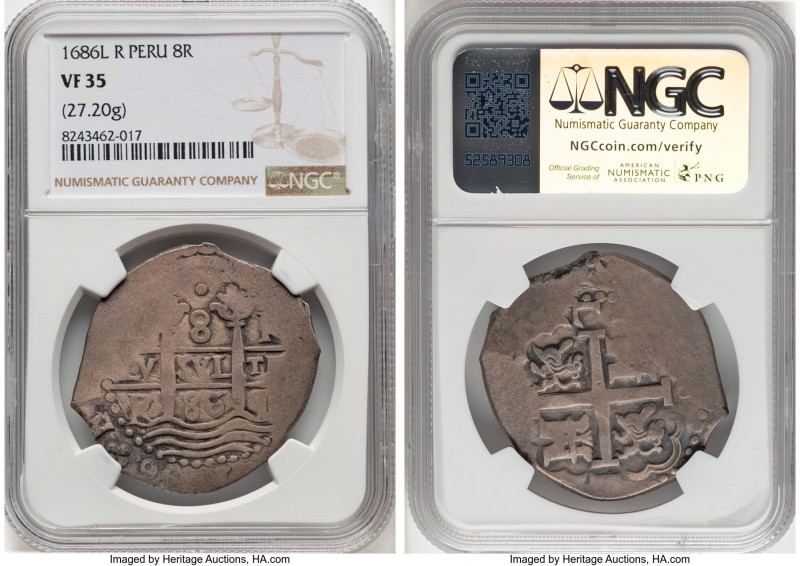 Charles II Cob 8 Reales 1686 L-R VF35 NGC, Lima mint, KM24, Cal-591. 27.20gm. Ac...