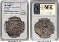 Charles II Cob 8 Reales 1696 L-H VF Details (Environmental Damage) NGC, Lima mint, KM24, Cal-601. 26.13gm. Accompanied by the original collector envel...