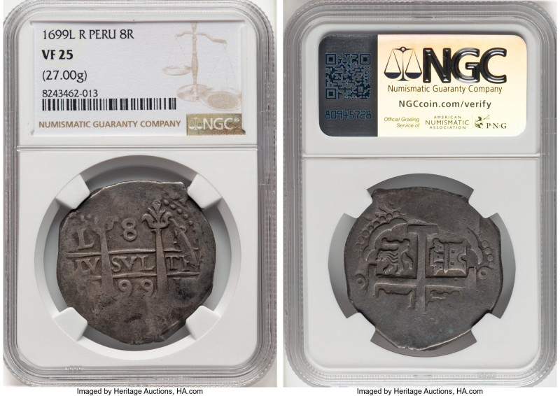 Charles II Cob 8 Reales 1699 L-R VF25 NGC, Lima mint, KM24, Cal-606. 27.00gm. Ac...