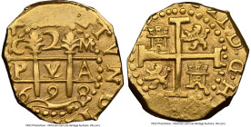 Charles II gold Cob 2 Escudos 1698 C-M AU58 NGC, Cuzco mint, KM28, Cal-855, Oro Macuqino-Type 182. 6.72gm. Among the most collectible fractional Cobs ...