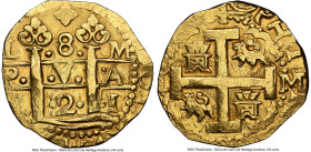 Philip V gold Cob 8 Escudos 1721 L-M AU Details (Removed From Jewelry) NGC, Lima mint, KM38.2, Cal-2133, cf. Onza-273 (different reverse dies), cf. Or...