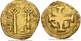 Philip V gold Cob 8 Escudos 1721 L-M XF40 NGC, Lima mint, KM38.2, Cal-2133, Onza-273 (Rare), Oro Macuqino-273. 26.74gm. A scarcer date struck on a bro...