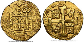 Philip V gold Cob 8 Escudos 1734 L-N UNC Details (Removed From Jewelry) NGC, Lima mint, KM38.2, Cal-2148, Onza-303 (Rare), Oro Macuqino-303. 26.94gm. ...