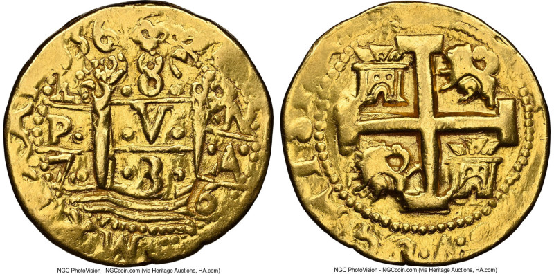 Philip V gold Cob 8 Escudos 1736 L-N AU Details (Removed From Jewelry) NGC, Lima...