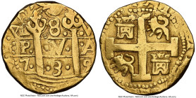 Philip V gold Cob 8 Escudos 1739 L-V XF45 NGC, Lima mint, KM38.2, Cal-2156, Onza-324 (Rare), Oro Macuqino-324. 27.08gm. Moderately handled and sharp, ...