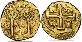 Philip V gold Cob 8 Escudos 1741 L-V AU Details (Removed From Jewelry) NGC, Lima mint, KM38.2, Cal-2159, Onza-329 (Rare), Oro Macuqino-329. 26.79gm. P...