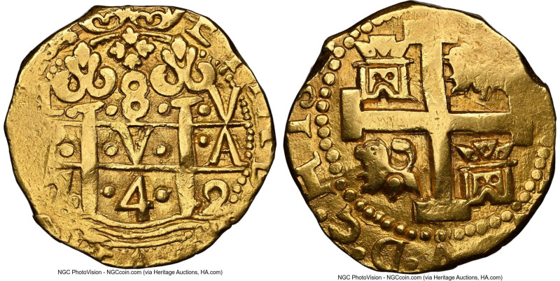 Philip V gold Cob 8 Escudos 1742 L-V AU53 NGC, Lima mint, KM38.2, Cal-2160, Onza...