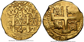 Philip V gold Cob 8 Escudos 1742 L-V AU53 NGC, Lima mint, KM38.2, Cal-2160, Onza-332 (Rare), Oro Macuqino-332. 26.88gm. With no Mint State examples re...