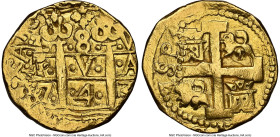 Philip V gold Cob 8 Escudos 1743 L-V AU Details (Removed From Jewelry) NGC, Lima mint, KM38.2, Cal-2161, Onza-336 (Rare), Oro Macuqino-336. 27.00gm. A...