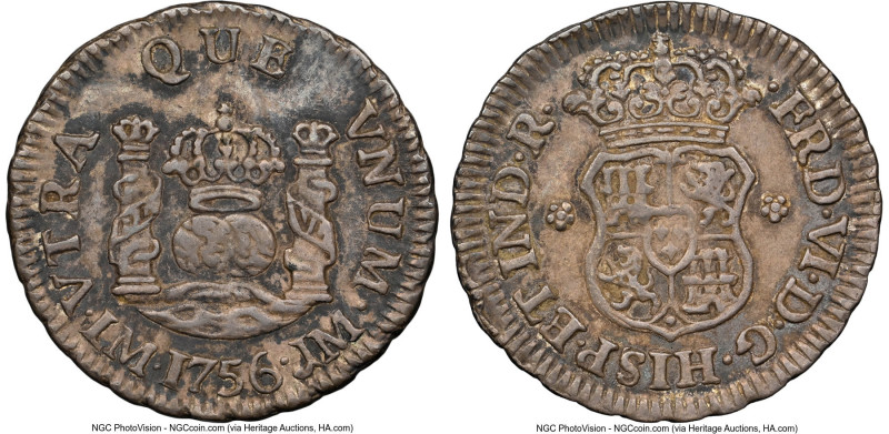Ferdinand VI 1/2 Real 1756 LM-JM AU53 NGC, Lima mint, KM51, Cal-58. Accompanied ...