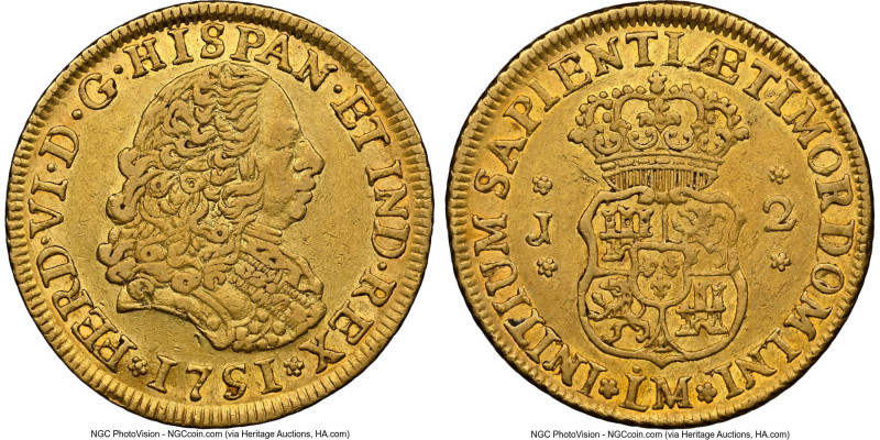 Ferdinand VI gold 2 Escudos 1751 LM-J AU53 NGC, Lima mint, KM48, Cal-639. Among ...