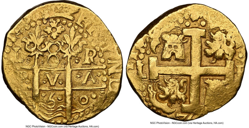 Ferdinand VI gold Cob 8 Escudos 1750 L-R AU55 NGC, Lima mint, KM47, Cal-763, Onz...