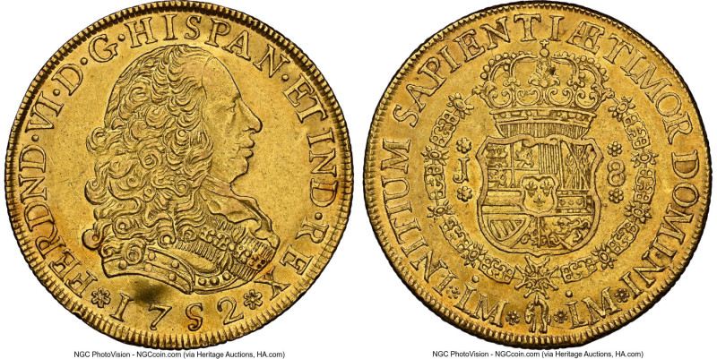 Ferdinand VI gold 8 Escudos 1752 LM-J AU58 NGC, Lima mint, KM50, Cal-765, Onza-5...
