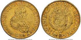 Ferdinand VI gold 8 Escudos 1755 LM-JM XF45 NGC, Lima mint, KM59.1, Cal-768, Onza-582. An appreciable example of a minimally available overdate, and d...