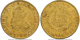 Ferdinand VI gold 8 Escudos 1759 LM-JM AU50 NGC, Lima mint, KM59.2, Cal-775, Onza-590. A commendable selection boasting even, honest wear to cap the g...