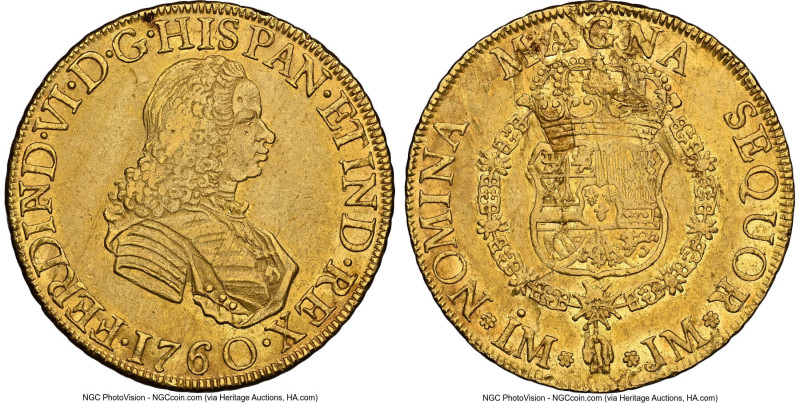 Ferdinand VI gold 8 Escudos 1760 LM-JM AU50 NGC, Lima mint, KM59.2, Cal-776, Onz...