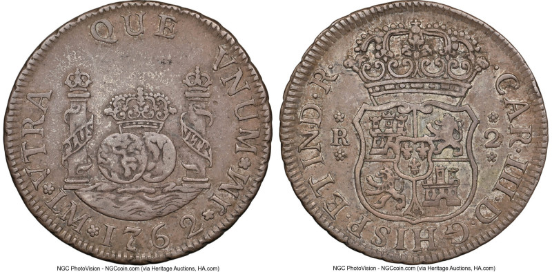 Charles III 2 Reales 1762 LM-JM XF40 NGC, Lima mint, KM62, Cal-572. Accompanied ...
