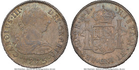 Charles III 2 Reales 1775 LM-MJ AU55 NGC, Lima mint, KM76, Cal-588. Gently handled yet decidedly attractive, showcasing iridescent-tinged residual lus...