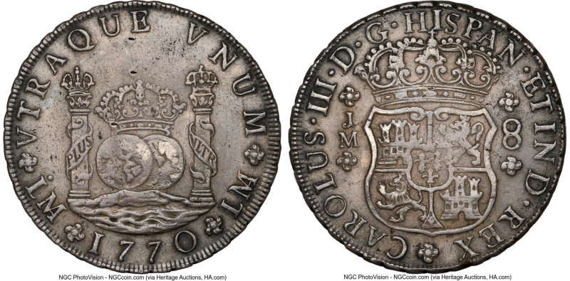 Charles III 8 Reales 1770 LM-JM XF Details (Obverse Damage) NGC, Lima mint, KM64...