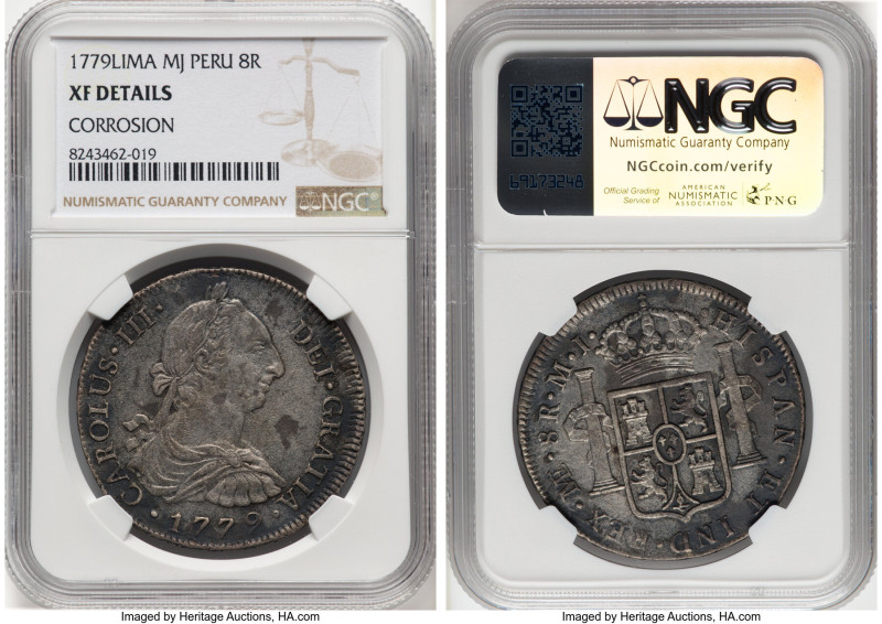 Charles III 8 Reales 1779 LM-MJ XF Details (Corrosion) NGC, Lima mint, KM78, Cal...