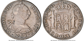 Charles III 8 Reales 1781 LM-MI VF20 NGC, Lima mint, KM78, Cal-1048. A well-circulated example showcasing notable planchet imperfections throughout. A...