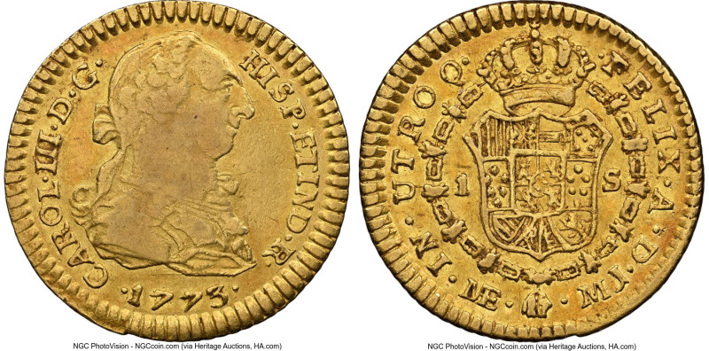 Charles III gold Escudo 1773 LM-MJ XF40 NGC, Lima mint, KM79, Cal-1339. Tough, t...