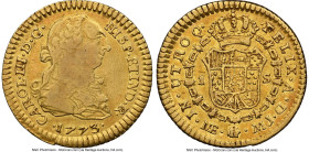 Charles III gold Escudo 1773 LM-MJ XF40 NGC, Lima mint, KM79, Cal-1339. Tough, to say the least, and seemingly the scarcer of the two assayer initials...