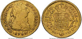 Charles III gold Escudo 1781 LM-MI XF Details (Obverse Scratched) NGC, Lima mint, KM79, Cal-1347. Another extremely difficult fractional gold issue of...